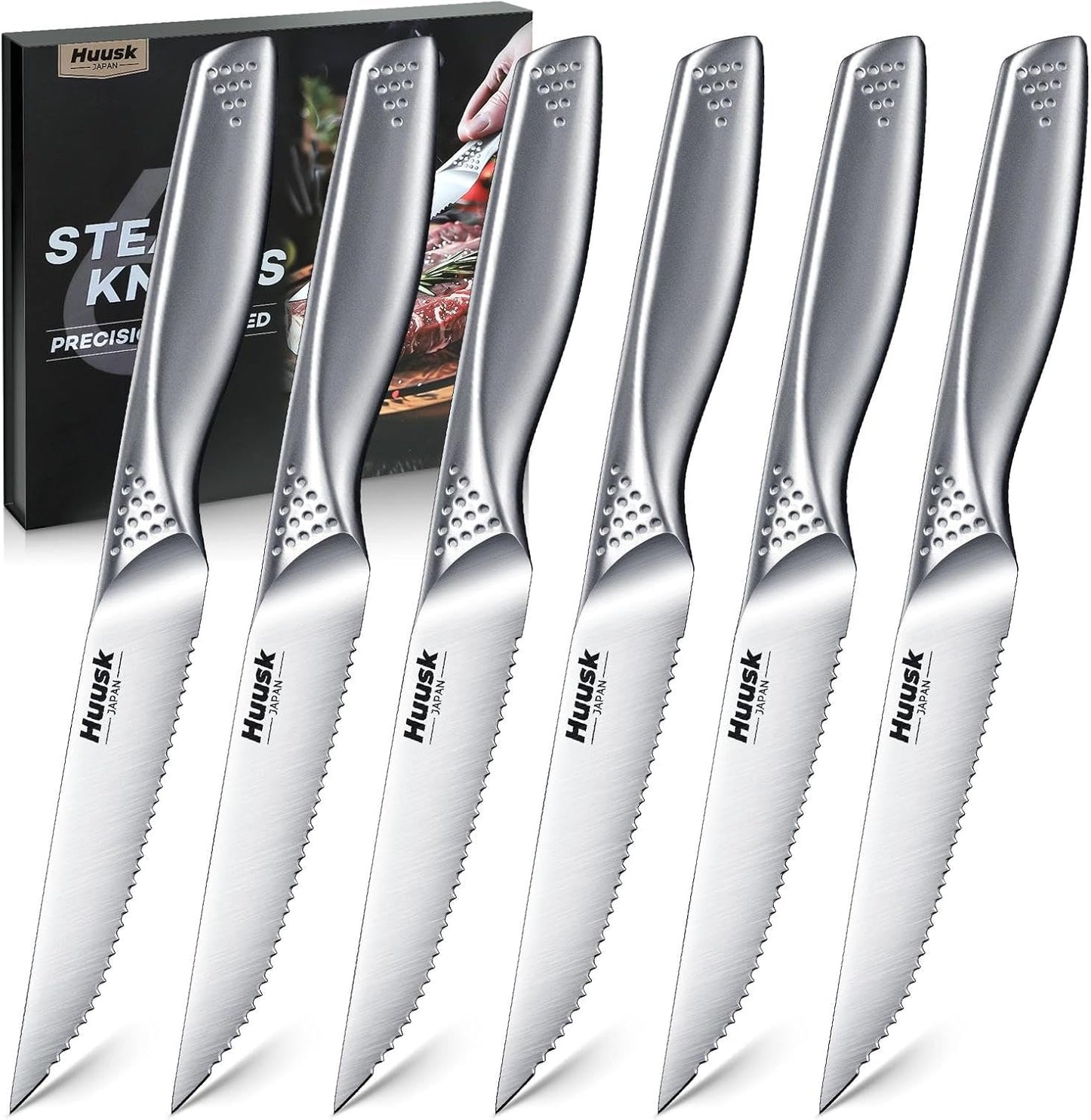 Huusk Steak Knives Set of 6-4.5 Inch Serrated Dinner Knife with Gift Box, One-Piece Stainless Steel Dinnerware Design with Ergonomic Metallic Handle, Silver Stake Knife Set for Culinary BBQ