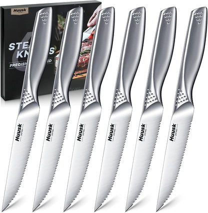 Huusk Steak Knives Set of 6-4.5 Inch Serrated Dinner Knife with Gift Box, One-Piece Stainless Steel Dinnerware Design with Ergonomic Metallic Handle, Silver Stake Knife Set for Culinary BBQ