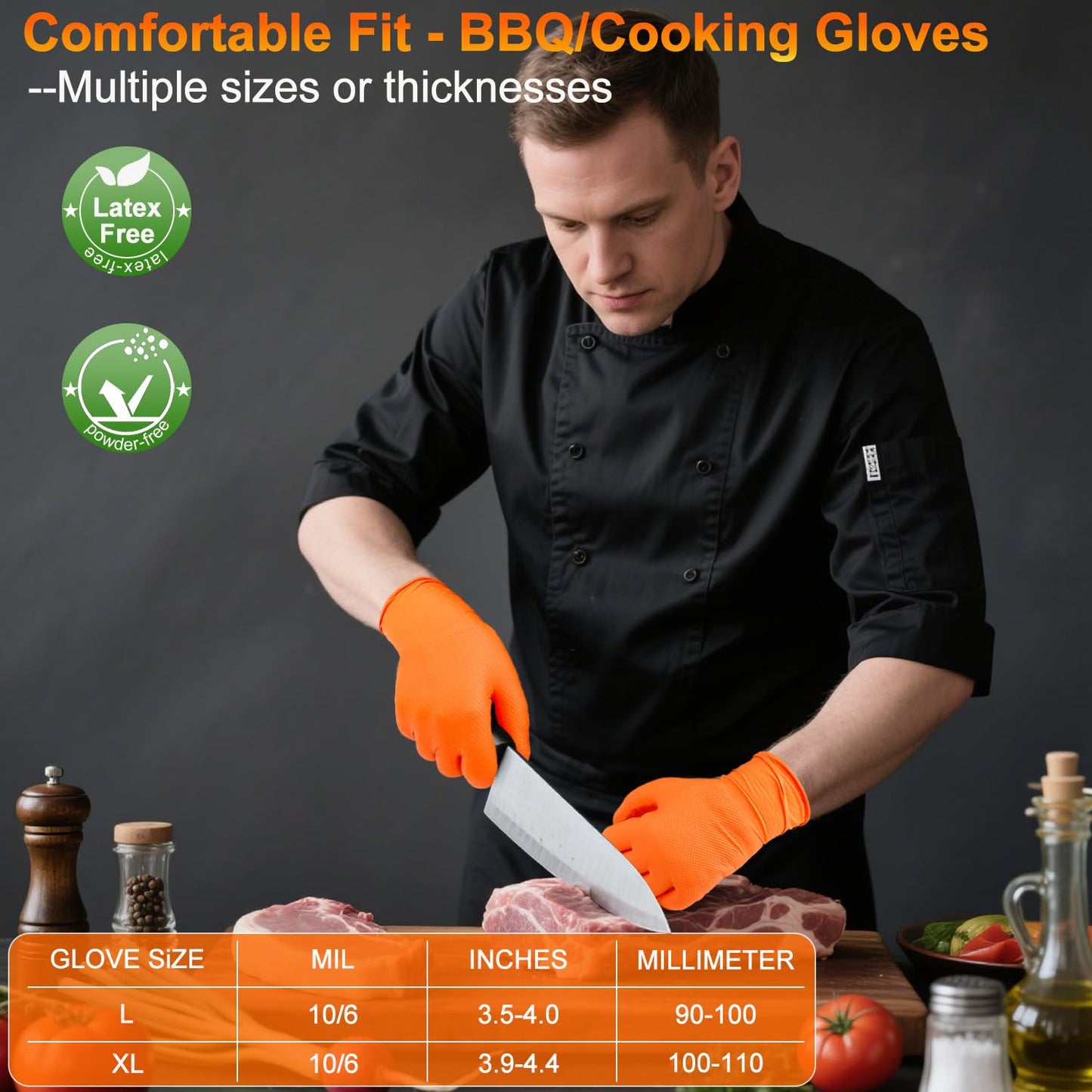 ANBOSON BBQ Gloves Disposable-Heat Resistant Cooking & Grilling Gloves Set (100 Black Nitrile, 4 Cotton Liners)-10Mil Heavy Duty Meat Handling Smoker Accessories for Hot Food Prep,Non-Slip Grip,Large