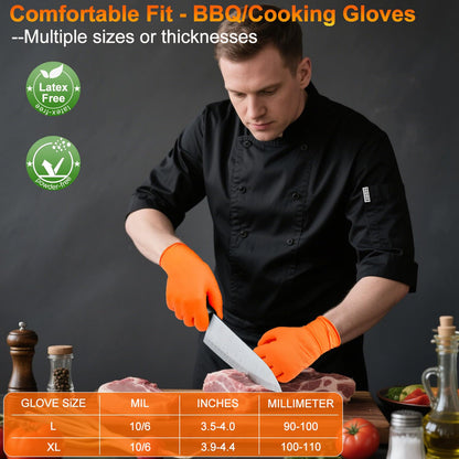 ANBOSON BBQ Gloves Disposable-Heat Resistant Cooking & Grilling Gloves Set (100 Black Nitrile, 4 Cotton Liners)-10Mil Heavy Duty Meat Handling Smoker Accessories for Hot Food Prep,Non-Slip Grip,Large