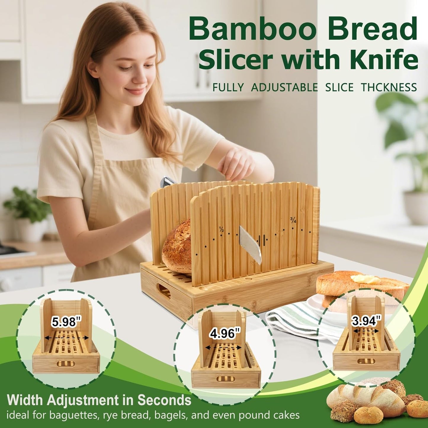 Bread Slicer for Homemade Bread, 5-Piece Bamboo Sourdough Bread Cutter Kit with Knife & Crumb Tray& Bread Bag, Manual Loaf Slicer Adjustable Bread Slicer Guide for Bagels, Sandwiches, Baking Tools
