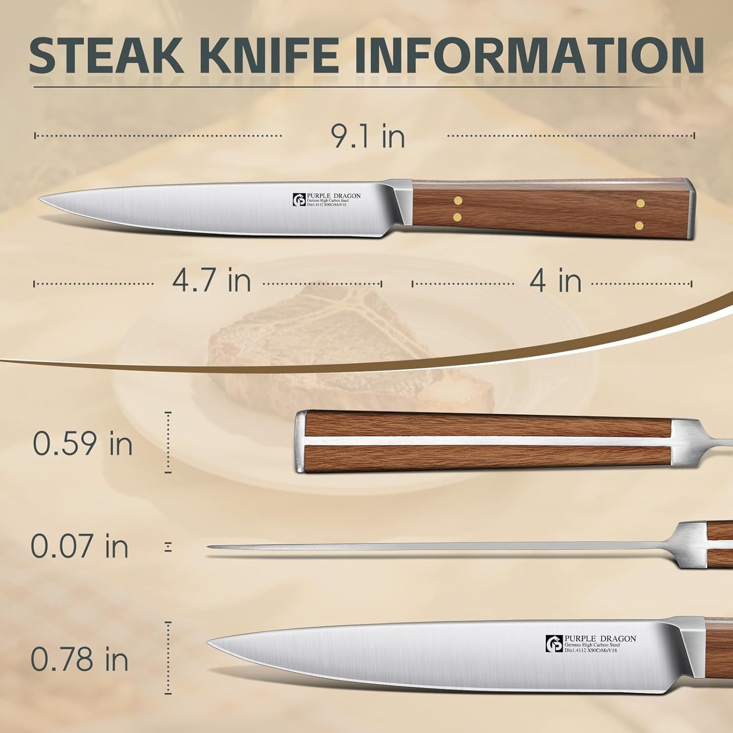 Purple Dragon Serrated Steak Knives Set of 4 - High Carbon German Steel Steak Knife Set with Square Wooden Handle - Effortless Cutting - Christmas Gift for Men and Women