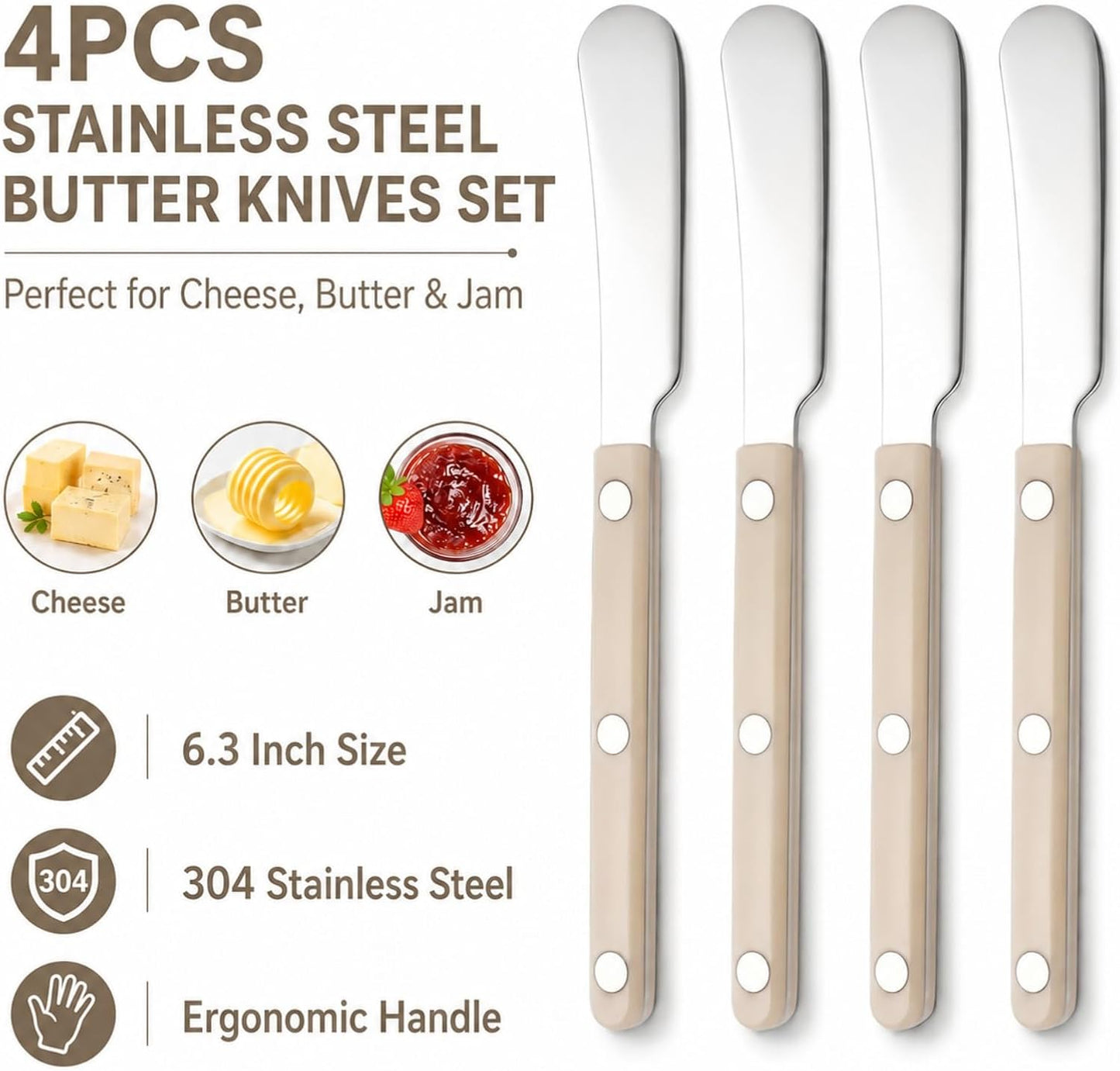 4PCS Stainless Steel Butter Knives Set: 6.3 Inch Cheese Spreader 304 Stainless Steel with Ergonomic Handle for Cheese, Butter & Jam (green)