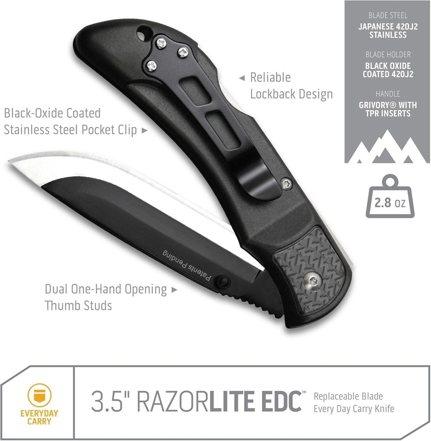 OUTDOOR EDGE 3.5" RazorLite EDC Knife. Pocket Knife with Replaceable Blades and Clip. The Perfect Hunting Blade for Skinning Deer. Blaze Orange with 6 Blades