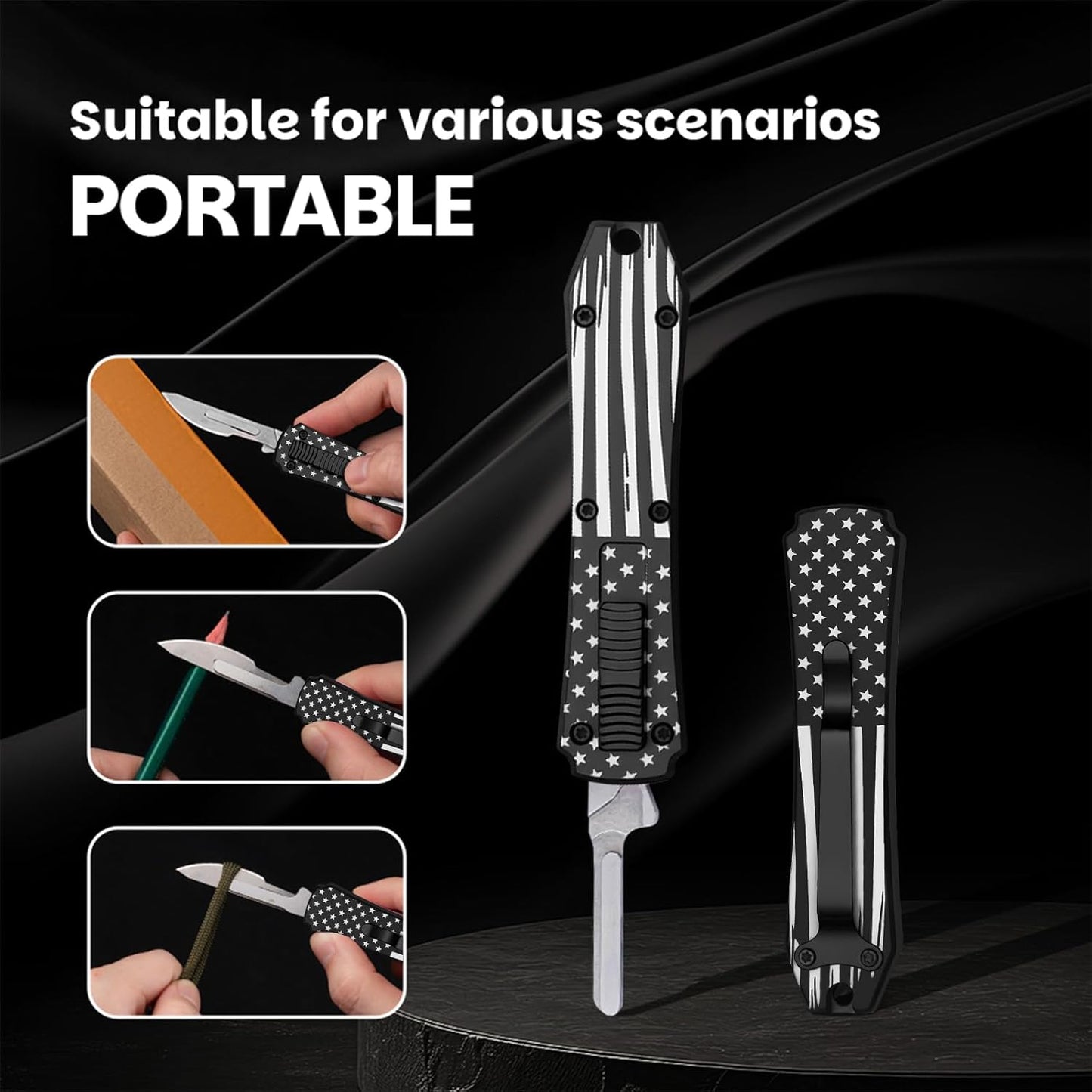 Automatic Utility Knife,All Metal Construction Carbon Stainless Steel Blade,Box Cutter Quick Change Retractable,EDC Push Button with Clip,10PCS #23 Blades Replacement,Stars&Stripes