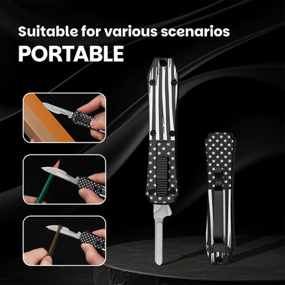 Automatic Utility Knife,All Metal Construction Carbon Stainless Steel Blade,Box Cutter Quick Change Retractable,EDC Push Button with Clip,10PCS #23 Blades Replacement,Stars&Stripes