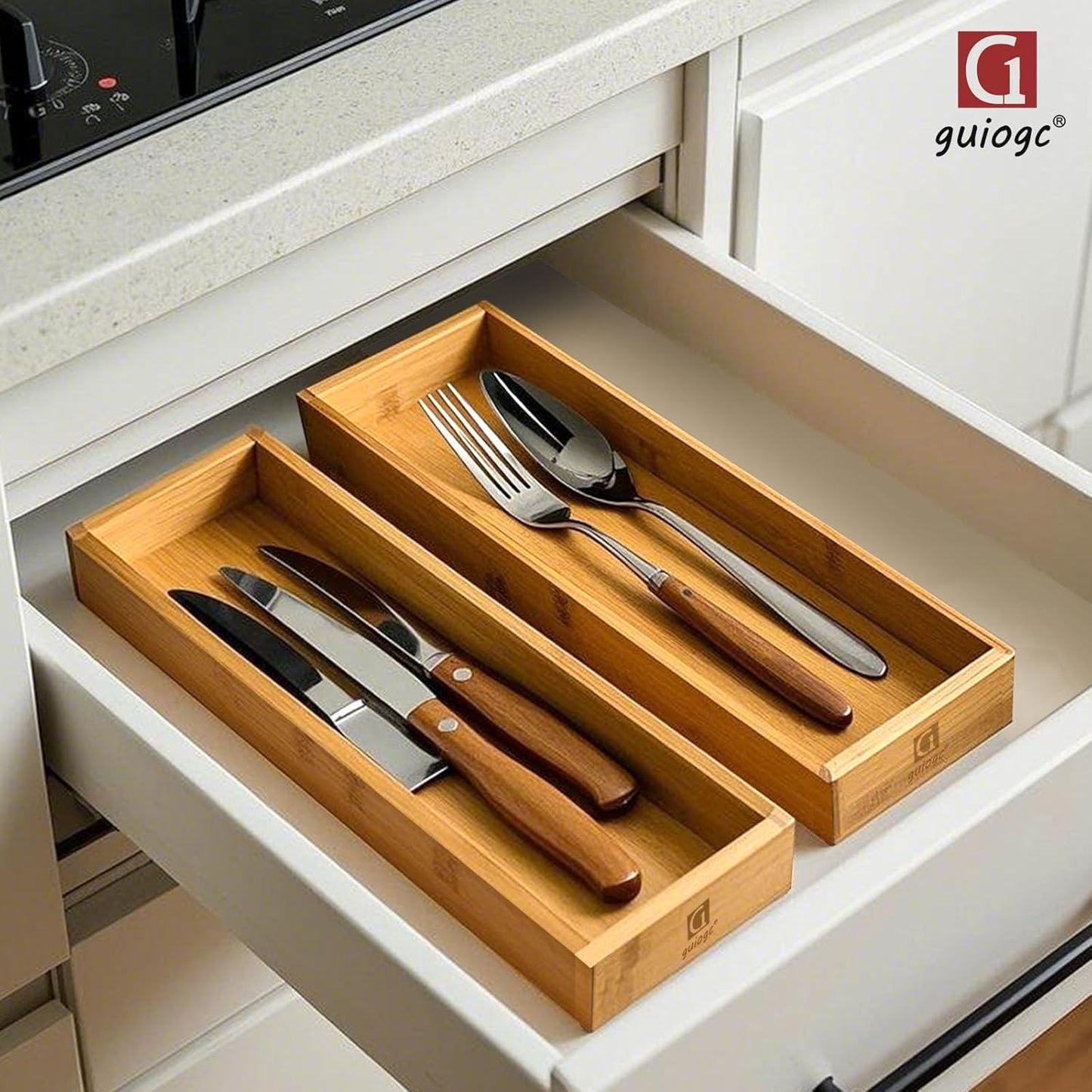 guiogc Silverware Drawer Organizer, Utensil Organizer, Bamboo Storage Box Wood Tray for Drawer Set of 2