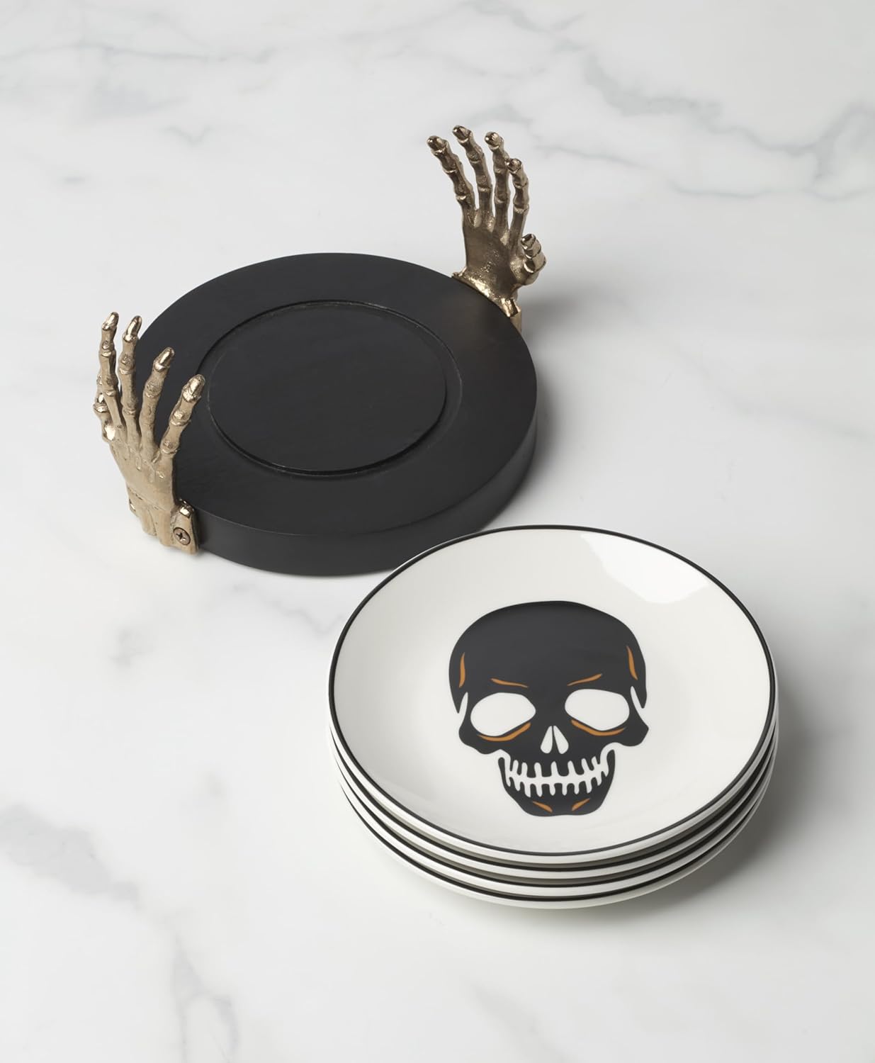 Oneida Serving Utensil Set, Skull Mirror Cheese Knives Flatware Set, Set of 4 Stainless Steel Utensils Set, Carved Wood Handles, Black Die Lacquer Finish, Halloween Decorations (4 Piece Cheese Knives)