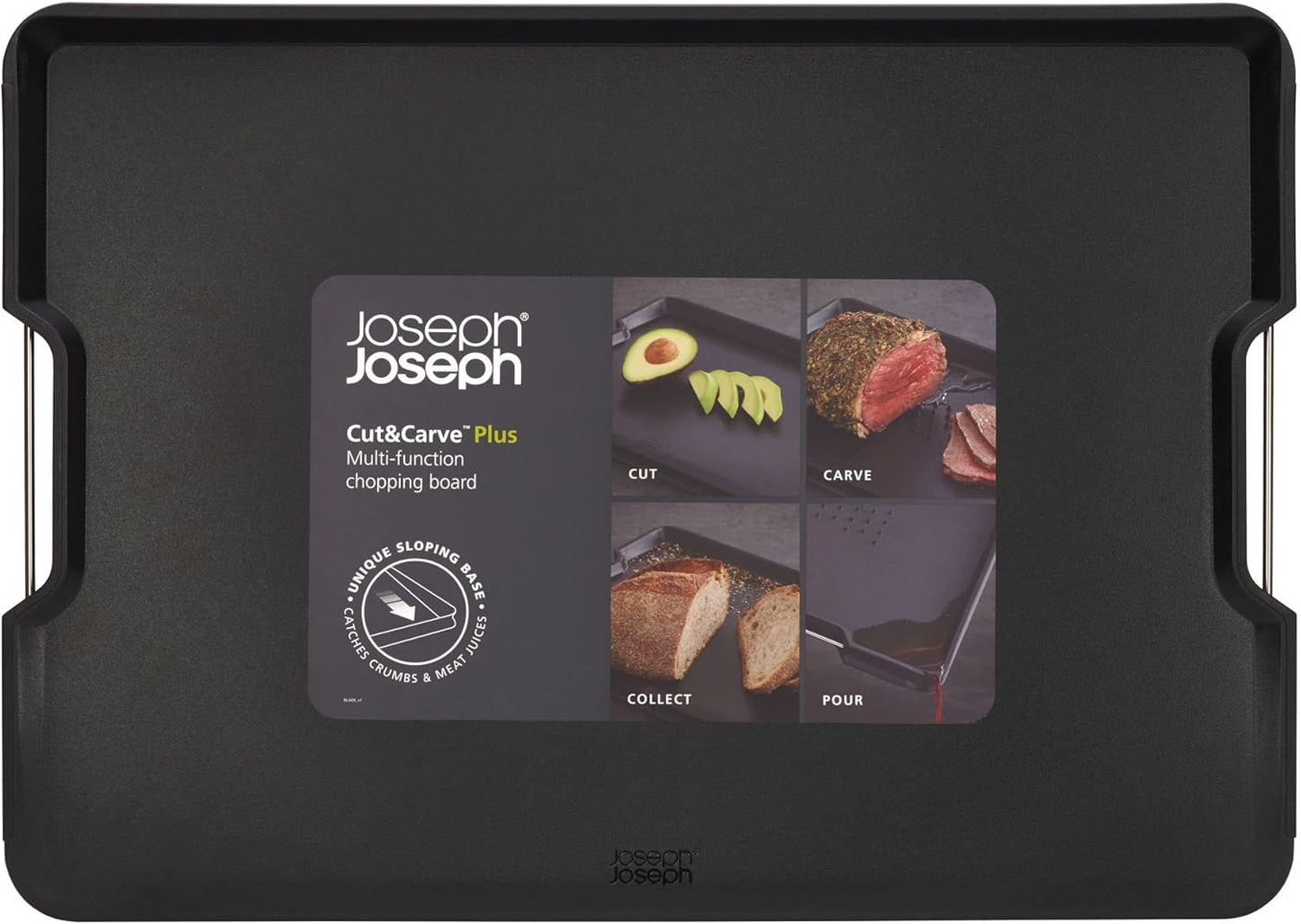 Joseph Joseph Cut&Carve Plus - Non-Slip, Multi-Function, Double-Sided Cutting Board for Food Preparation and Carving- Dishwasher Safe, Large – Black
