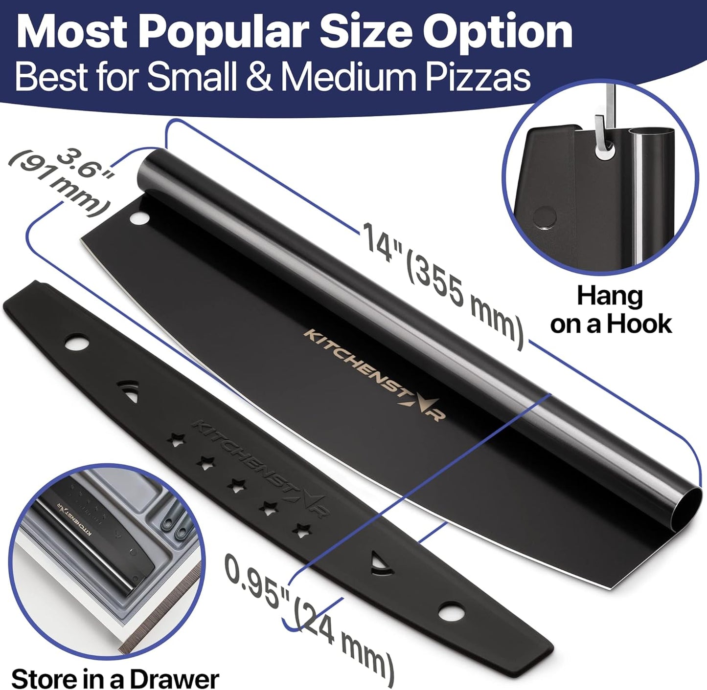KitchenStar 12-Inch Pizza Cutter Rocker Blade - Sharp Stainless Steel Slicer Knife, Protective Cover, Dishwasher Safe, Small - Professional Pizza Oven Accessories