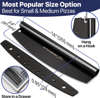 KitchenStar 12-Inch Pizza Cutter Rocker Blade - Sharp Stainless Steel Slicer Knife, Protective Cover, Dishwasher Safe, Small - Professional Pizza Oven Accessories