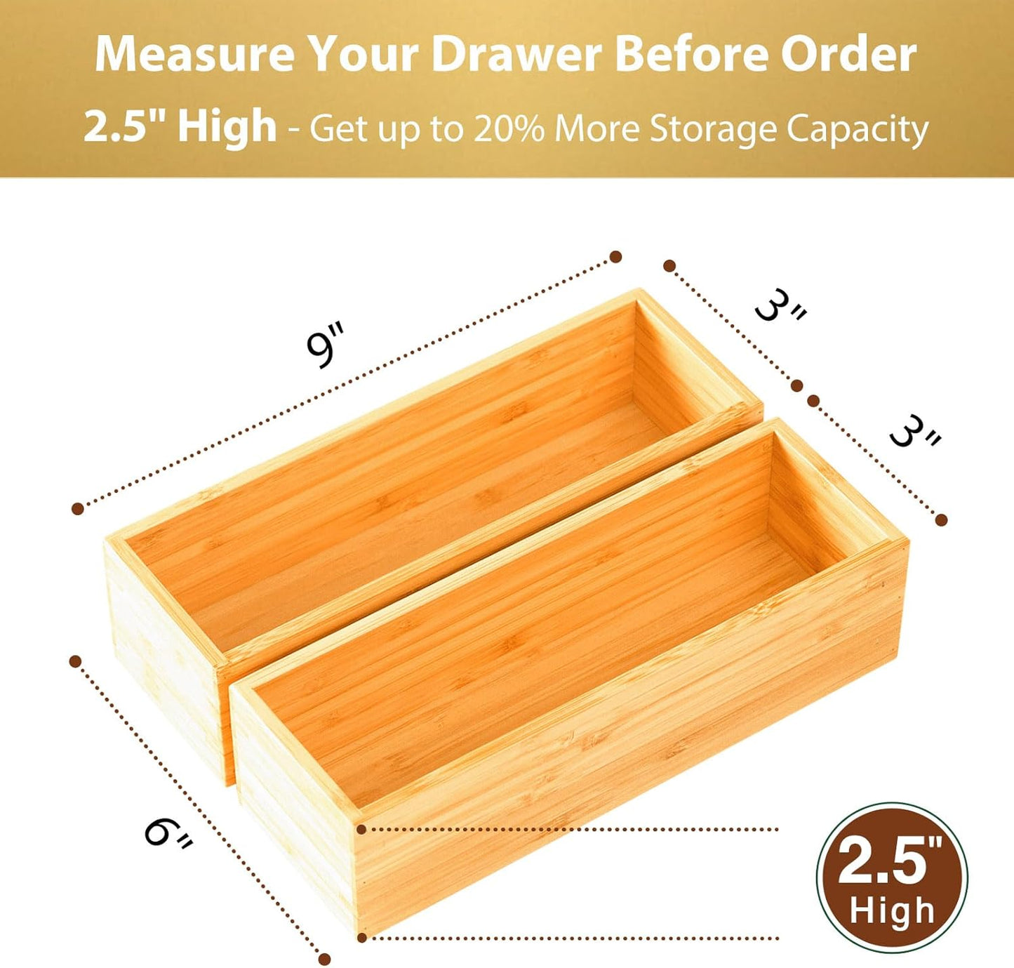 Umilife Bamboo Kitchen Utensils Organizer, Extra Long High Silverware Drawer Holder, Flatware Cutlery Storage Box, Multi-Use Drawer Divider in Office, Bathroom, Pantry - 17"x6"x2.5" (Set of 2)