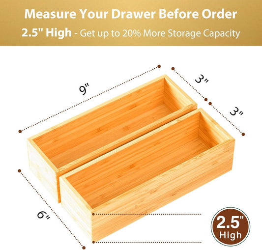 Umilife Bamboo Kitchen Utensils Organizer, Extra Long High Silverware Drawer Holder, Flatware Cutlery Storage Box, Multi-Use Drawer Divider in Office, Bathroom, Pantry - 17"x6"x2.5" (Set of 2)