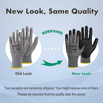 KAYGO Work Gloves for Men and Women,12 Pairs Seamless Knit PU Coated Safety Gloves, with Smooth Grip on Palm and Fingers, Ideal for Light Warehouse, Manufacturing, Gardening, KG11P (M, Black)