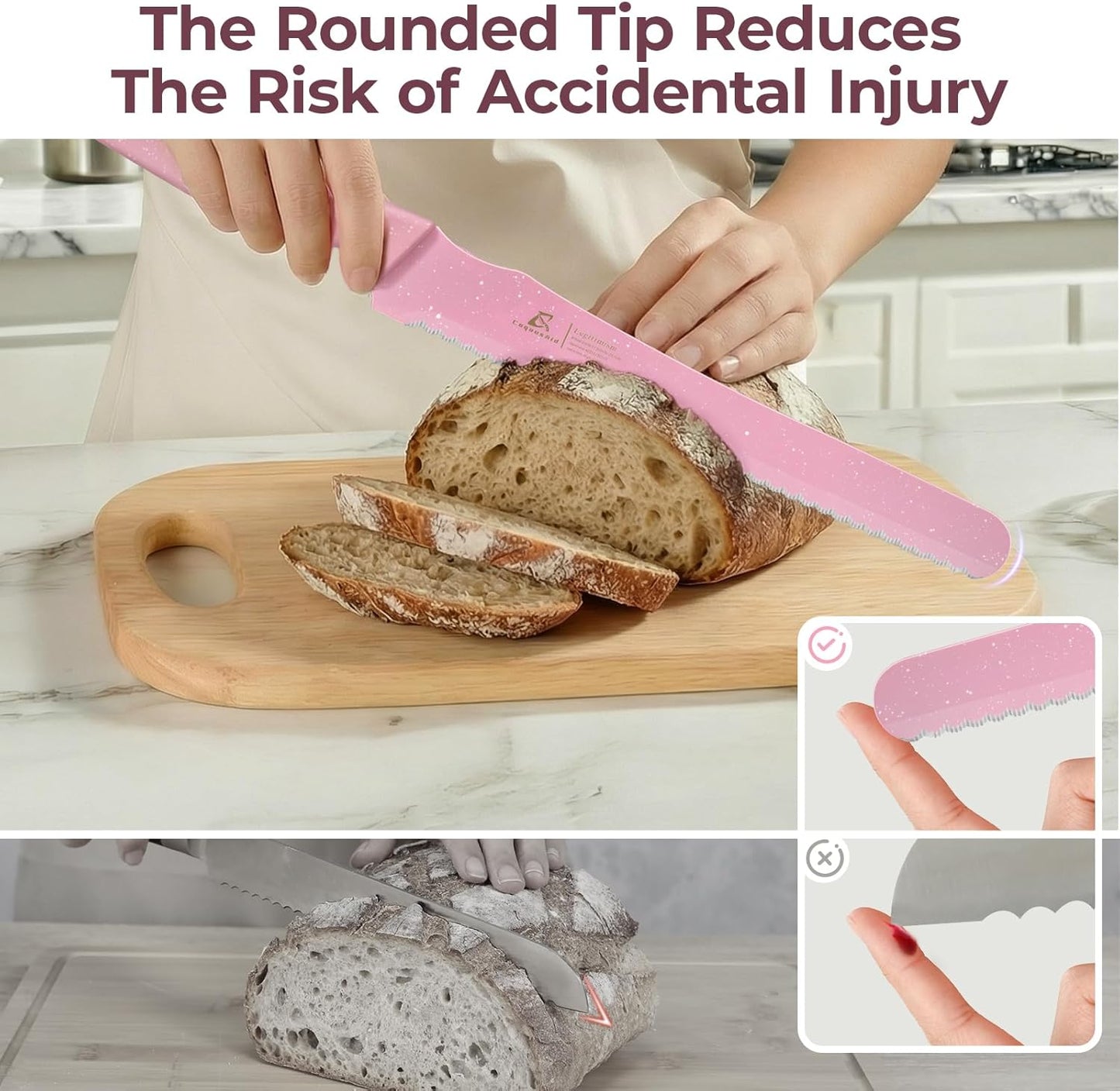 CoquusAid Upgrade Bread Knife for Homemade Bread, World‘s 1st Double Serrated Knife for Crusty Sourdough, 11.6 Inch Stainless Steel Bread Slicer, Professional Sourdough Cutter, Ideal for Gift, Pink