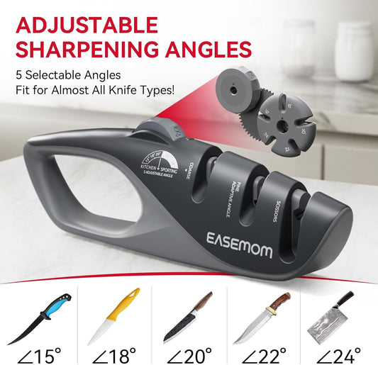 Kitchen Knife Sharpener, 5 Adjustable Sharpening Angle - Handheld Pocket Knife Sharpener, Ergonomic Design, with Coarse & Fine for Scissors, Professional Chef's Knives (BLACK)