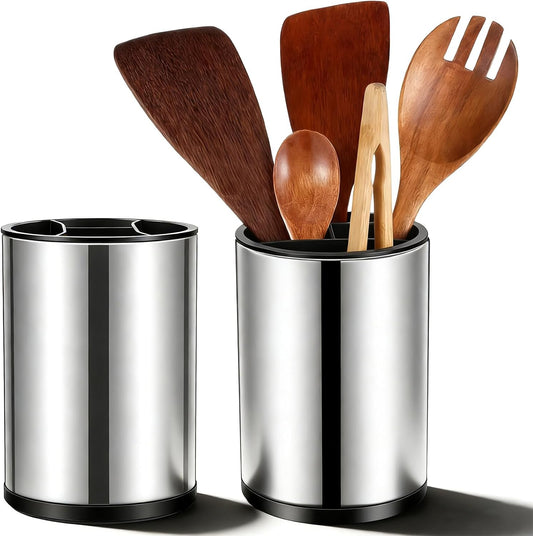 2 Pack 360° Rotating Stainless Steel Utensil Holder for Countertop, 4-Compartment Kitchen Organizer with Non-Slip Base, Large Capacity Spoon Fork Knife Crock for Cooking Tools Storage