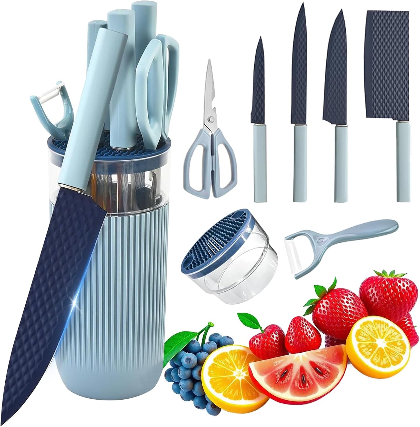 Kitchen Knife Set with Block, 7-Piece Kitchen Knife Set for Chef with Universal Knife Block, Anti-Rust Kitchen Knife Block Set, Ergonomic Design