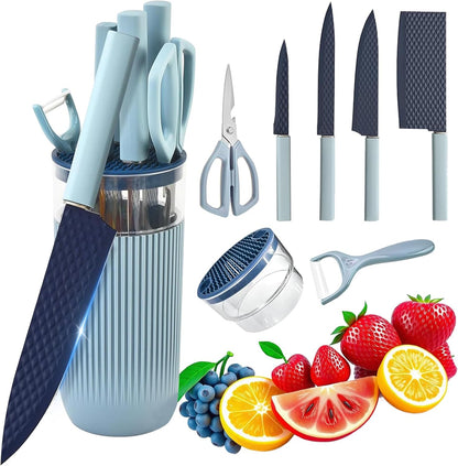 Kitchen Knife Set with Block, 7-Piece Kitchen Knife Set for Chef with Universal Knife Block, Anti-Rust Kitchen Knife Block Set, Ergonomic Design