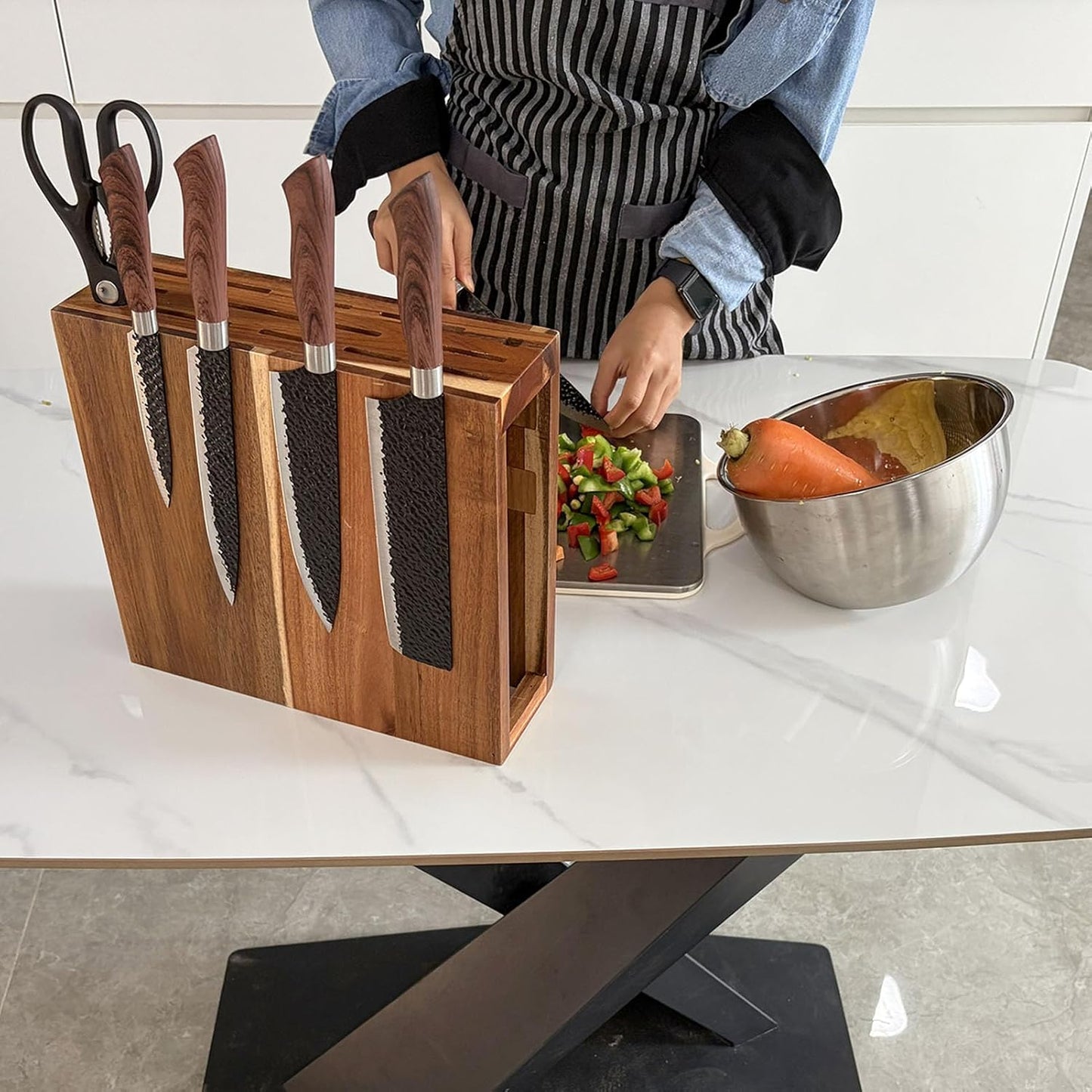 Acacia Wood Magnetic Knife Block,Double Sieded Powerful Magnetic Knife Holder with 14 Slots,Freestanding Wooden Knife Storage Rack,Kitchen Counter Knife Organizer,Empty Knife Block Without Knives