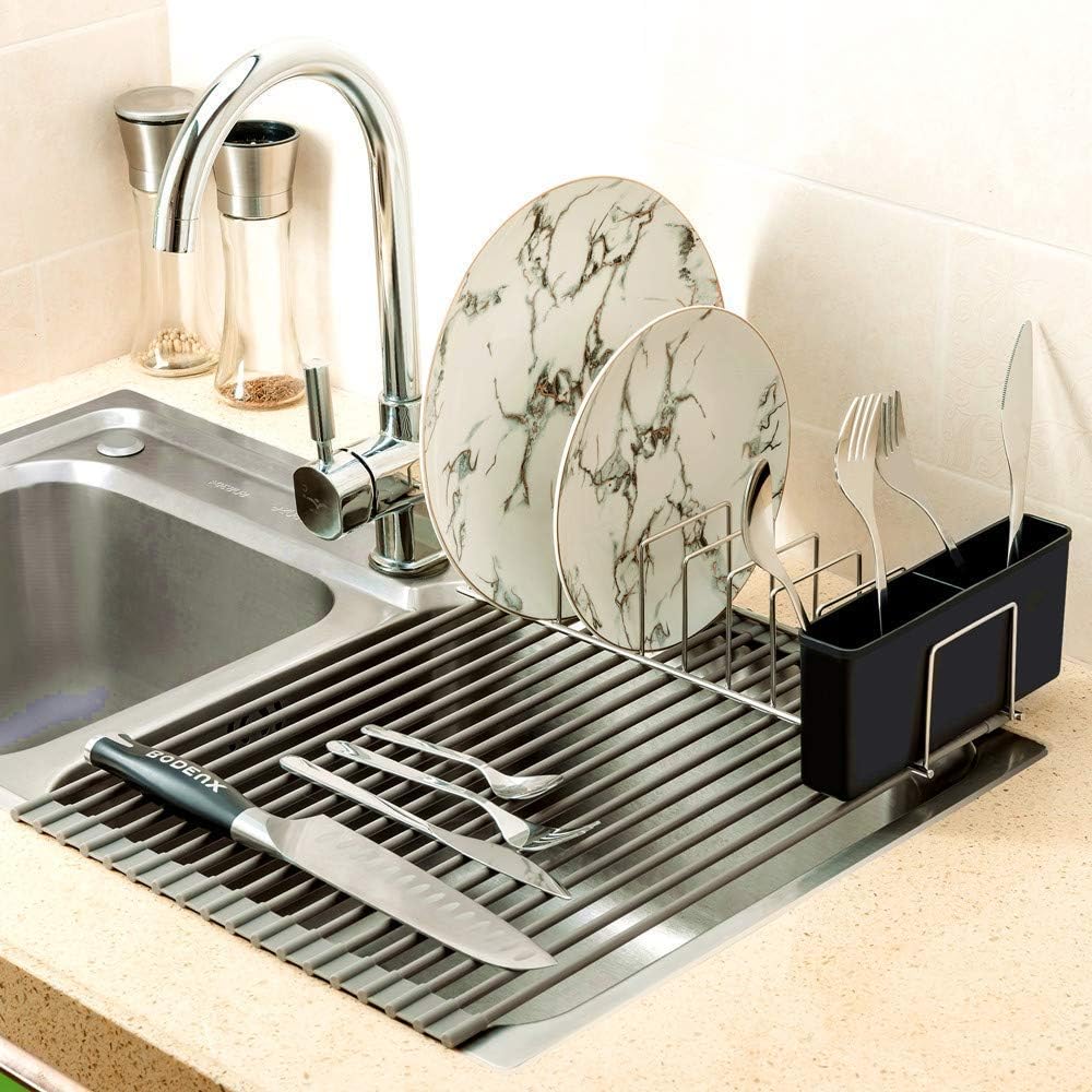 SANNO Dish Rack Utensil Holder, Hanging Cutlery Drainer Caddy with Hooks, 2 Compartment Flatware Organizer for Forks, Spoons, Knives, Fits Over Most Dish Drying Racks, Black