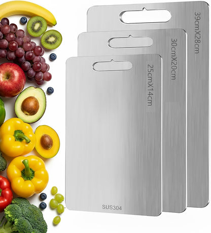 Set of 3 Stainless Steel Cutting Boards, Double Sided, for Kitchen Use, Perfect for Meat, Fruits and Vegetables (Assorted Sizes)