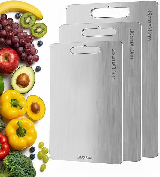 Set of 3 Stainless Steel Cutting Boards, Double Sided, for Kitchen Use, Perfect for Meat, Fruits and Vegetables (Assorted Sizes)