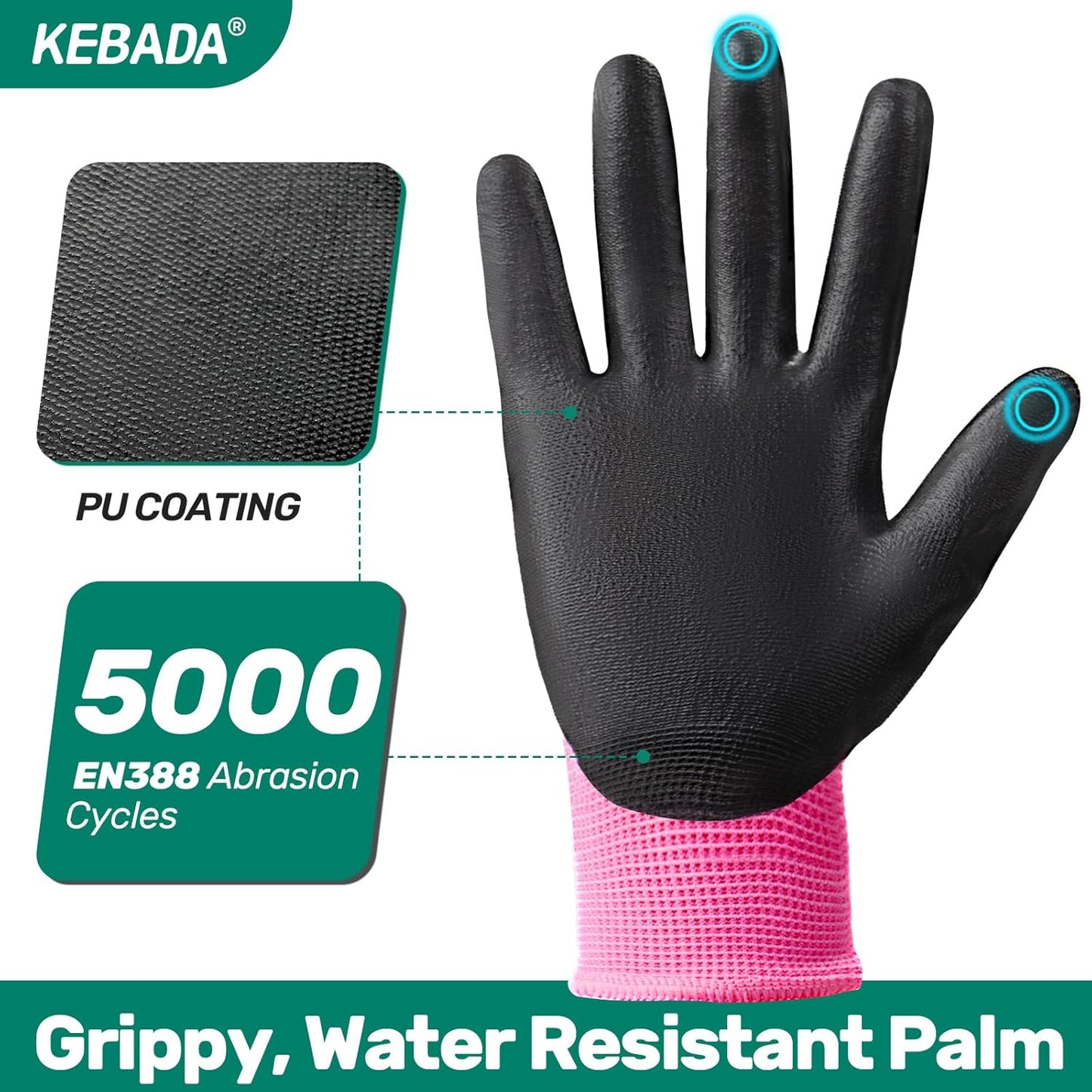 Kebada W1 Work Gloves for Men and Women, PU Coated Safety Gloves with Grip, Touchscreen, Ideal for Warehouse Package Handling, Construction, Gardening, 12 Pairs Gray Large