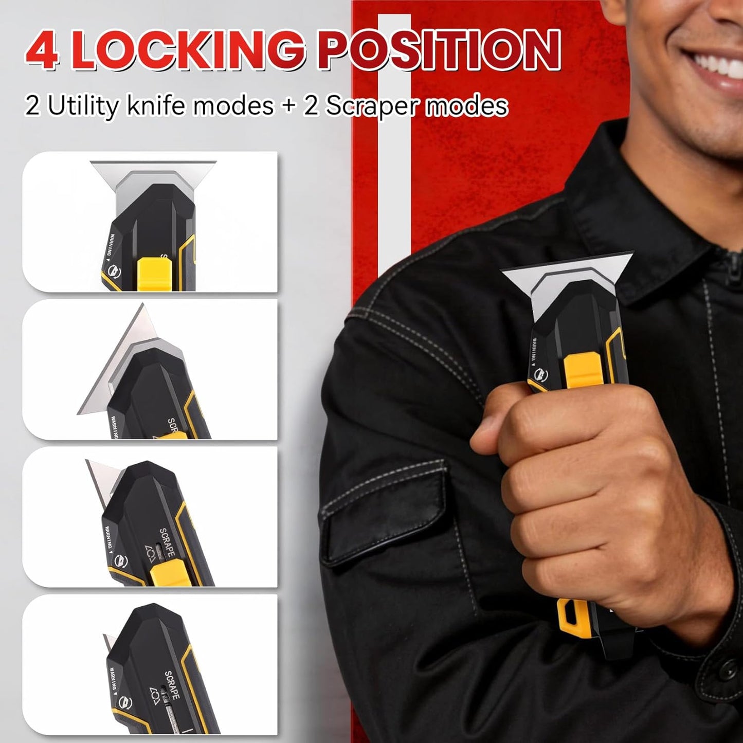 PINOZE Utility Knife Scraper, 3-in-1 Retractable Box Cutter with Lanyard & Blade Storage, Heavy Duty Zinc Alloy Multi-functional Knife with 10pcs SK2 Blades, EDC Tool for Home, Office, DIY