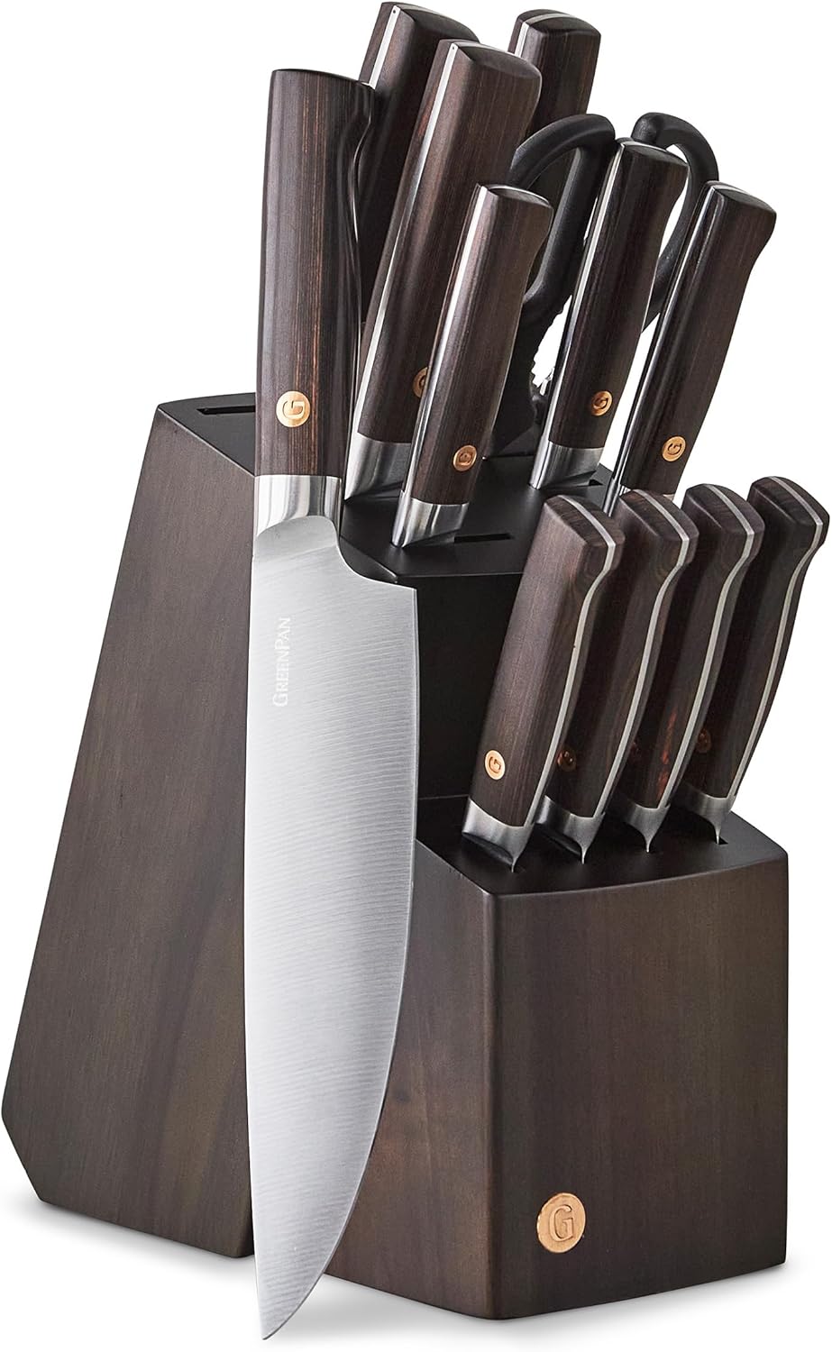 GreenPan Elite 8 Piece Steak Knife Set, Professional Stainless Steel Blades with Titanium Coating, Ultra-Sharp Dining Knives, Kitchen Cutlery, Ergonomic Wood Handles, Wooden Storage Box