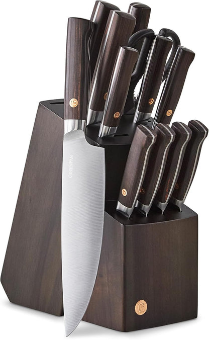 GreenPan Elite 8 Piece Steak Knife Set, Professional Stainless Steel Blades with Titanium Coating, Ultra-Sharp Dining Knives, Kitchen Cutlery, Ergonomic Wood Handles, Wooden Storage Box