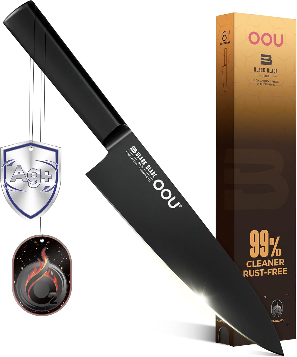 OOU 8 Inch Chef Knife, German 1.4116 Stainless Steel Kitchen Knife, Gunmetal Blade with AgShield & TinSharp Finish, Balanced ABS Handle, Sharp Cooking Knife for Meat, Vegetables and Daily Prep