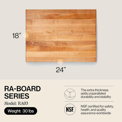 John Boos Handle Boards Series Rectangular Wooden Maple Cutting Board 24”x18” – 2.25” Thick, 30-lb Reversible Butcher Block with Juice Groove, Edge-Grain & Metal Handles