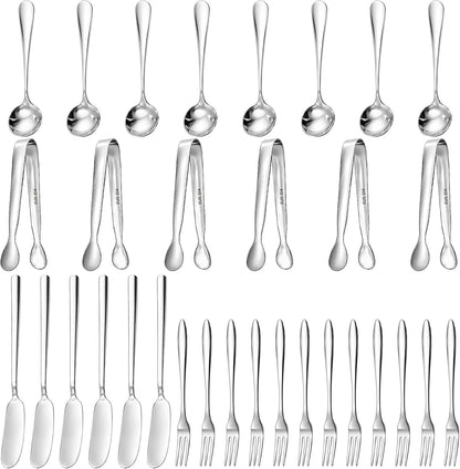 32 Pieces Cheese Butter Spreader Knives Set, Charcuterie Accessories Stainless Steel Cheese Spreader Knives, Mini Serving Tongs, Spoons and Forks for Butter Cheese Jam Appetizer Pastry Making