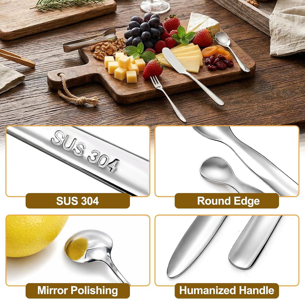 32 Pieces Cheese Butter Spreader Knives Set, Charcuterie Accessories Stainless Steel Cheese Spreader Knives, Mini Serving Tongs, Spoons and Forks for Butter Cheese Jam Appetizer Pastry Making