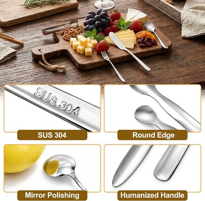 32 Pieces Cheese Butter Spreader Knives Set, Charcuterie Accessories Stainless Steel Cheese Spreader Knives, Mini Serving Tongs, Spoons and Forks for Butter Cheese Jam Appetizer Pastry Making