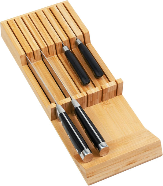 Utoplike In-drawer Knife Block Bamboo Kitchen Knife Drawer Organizer Large, handle Steak knife Holder without Knives, Fit for 16 Knife and 1 Sharpening Steel (Knives & Sharpening Not Included)