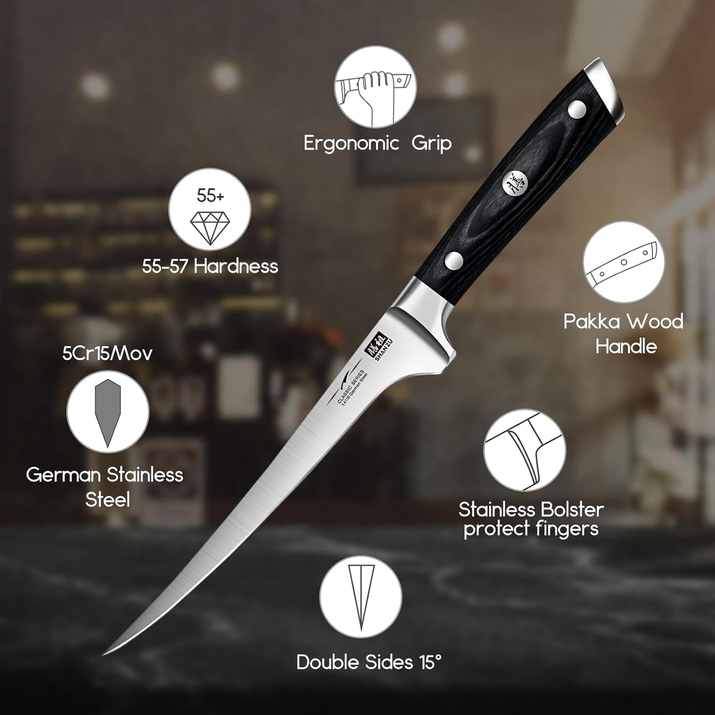 SHAN ZU 3Pcs BBQ Carving Knife Set with Sheath – for Turkey, Meat, BBQ, Brisket, Razor Sharp Slicing Knife, Professional 5Cr15MoV Stainless Steel, Ergonomic Full Tang Wood Handle, Gift Box Included