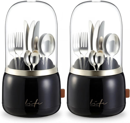 2 Pack 360° Rotating Silverware Organizer, Utensil Holder with Lid for Kitchen Counter Silverware Caddy with Drainage Dustproof Flatware Holder for Cutlery Spoon Fork(Diamond White,3 Slot)
