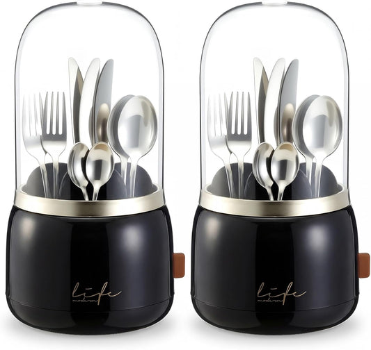 2 Pack 360° Rotating Silverware Organizer, Utensil Holder with Lid for Kitchen Counter Silverware Caddy with Drainage Dustproof Flatware Holder for Cutlery Spoon Fork(Diamond White,3 Slot)