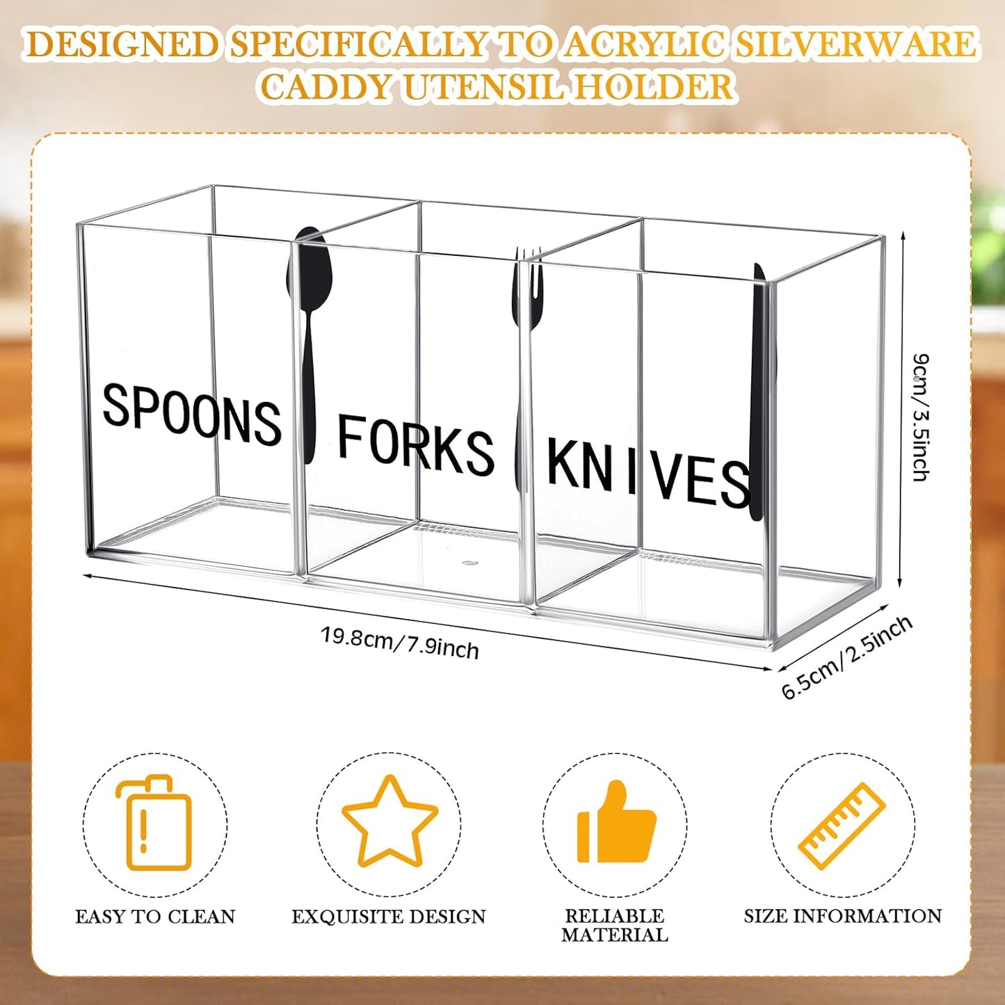 Suzile Acrylic Cutlery Storage Organizer Plastic Utensil Holder Clear Silverware Organizer 3 Section Tableware Storage Box Countertop Fork Spoon Knife Holder Party Flatware Caddy for Kitchen Storage