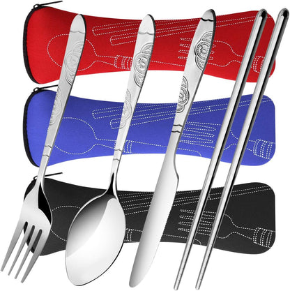 Arroyner 3 Pack Reusable Flatware Sets Knife, Fork, Spoon, Chopsticks, 12Pcs Portable Travel Stainless Steel Tableware Dinnerware with Carrying Case