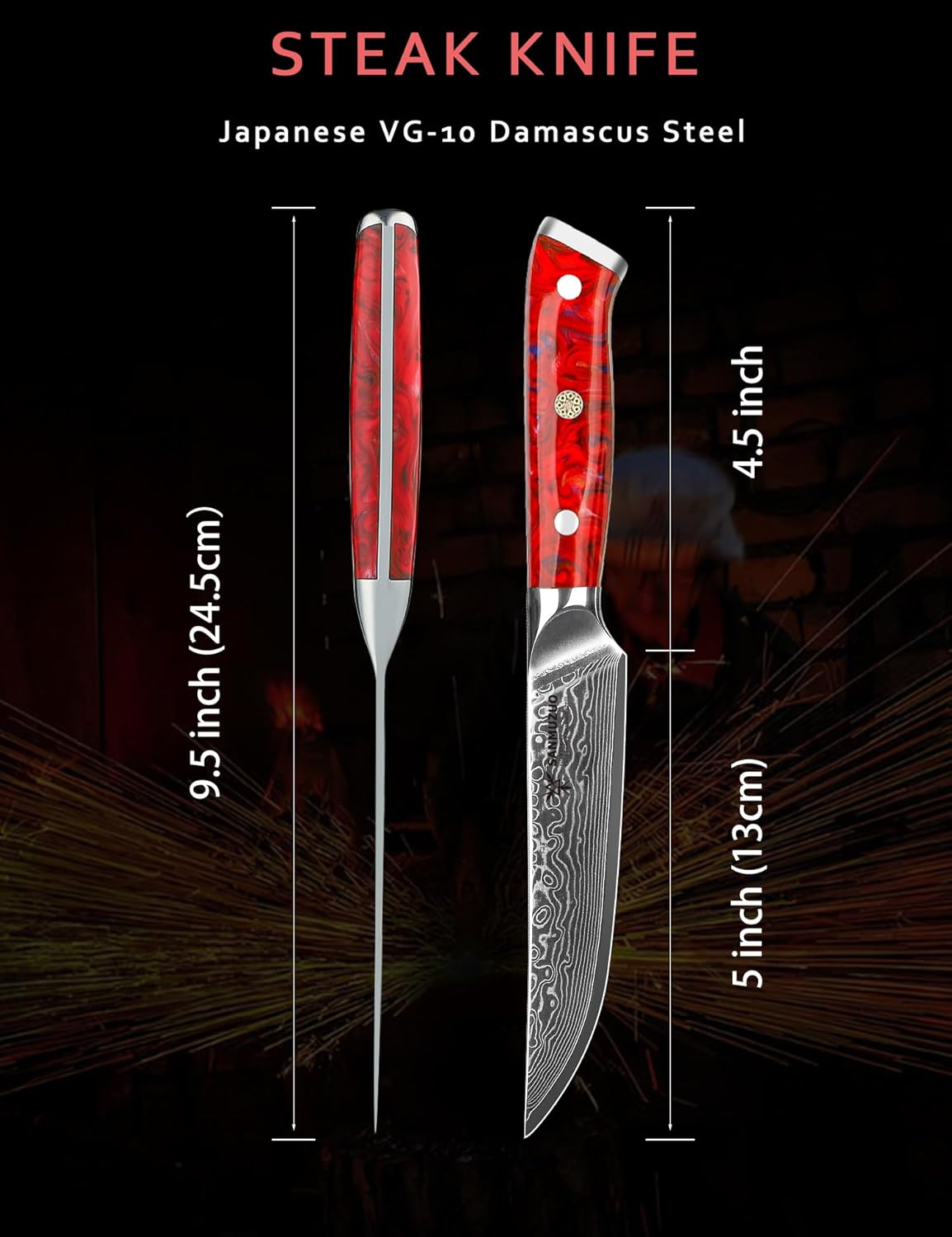 Steak Knives Set of 4, Ultra Sharp Non Serrated Kitchen Steak Knife 5 Inch - Damascus Steel & Resin Handle - Xuan Series (Sapphire Blue)