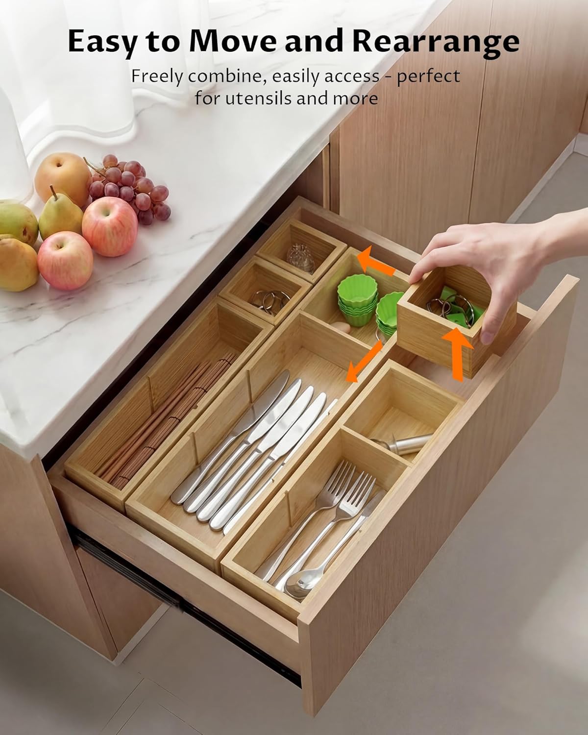12 Compartments Silverware Drawer Organizer, 6 Piece Bamboo Utensil Tray Set for Kitchen Spoons Forks Knives, Adjustable Cutlery Holder with Removable Dividers for Flatware, Bedroom & Living Room