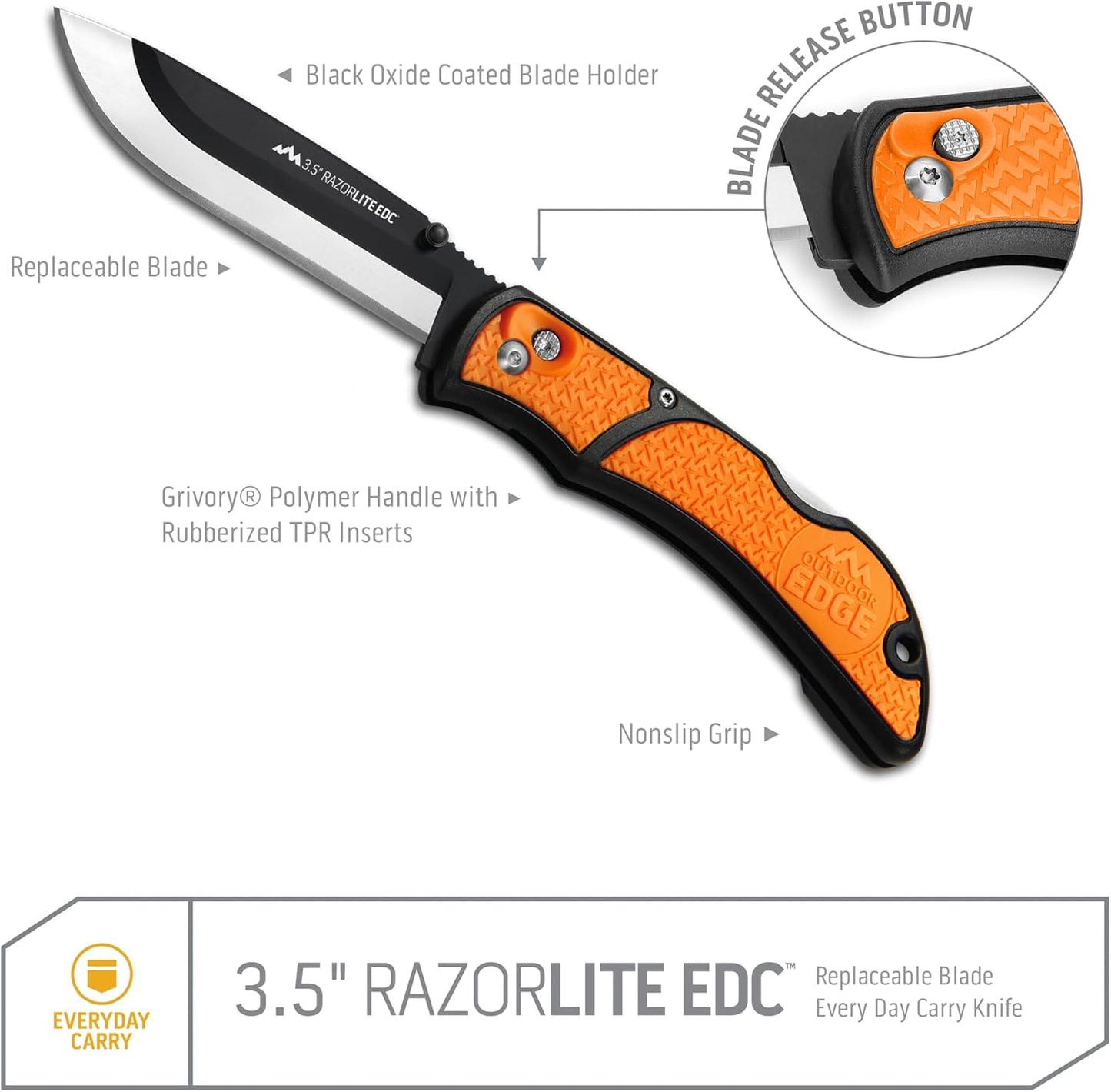 OUTDOOR EDGE 3.5" RazorLite EDC Knife. Pocket Knife with Replaceable Blades and Clip. The Perfect Hunting Blade for Skinning Deer. Blaze Orange with 6 Blades