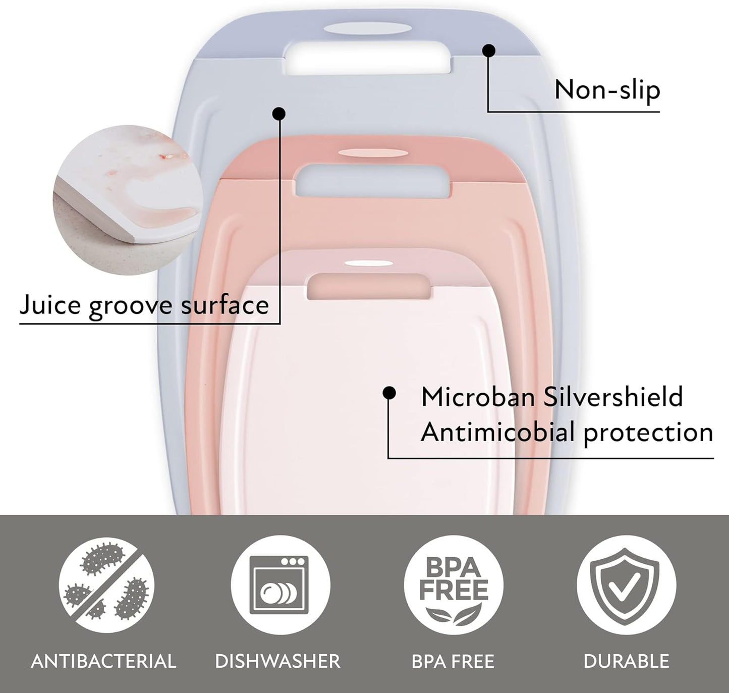 Neoflam Microban Antimicrobial Plastic Cutting Board 3 Sets, BPA Free, Non-Slip EZ Grip Handle, Dishwasher Safe, Stain & Odor Free, Reversible Board, Larger Juice Groove, Multicolor
