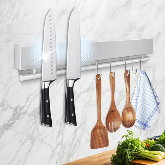 17 Inch Magnetic Knife Holder for Wall - Stainless Steel Knife Magnetic Strip No Drill with 10 Hooks/Adhesive Tape/Screws, Kitchen Utensil Holder, Magnetic Knife Organizer, Wall Mounted Knife Storage