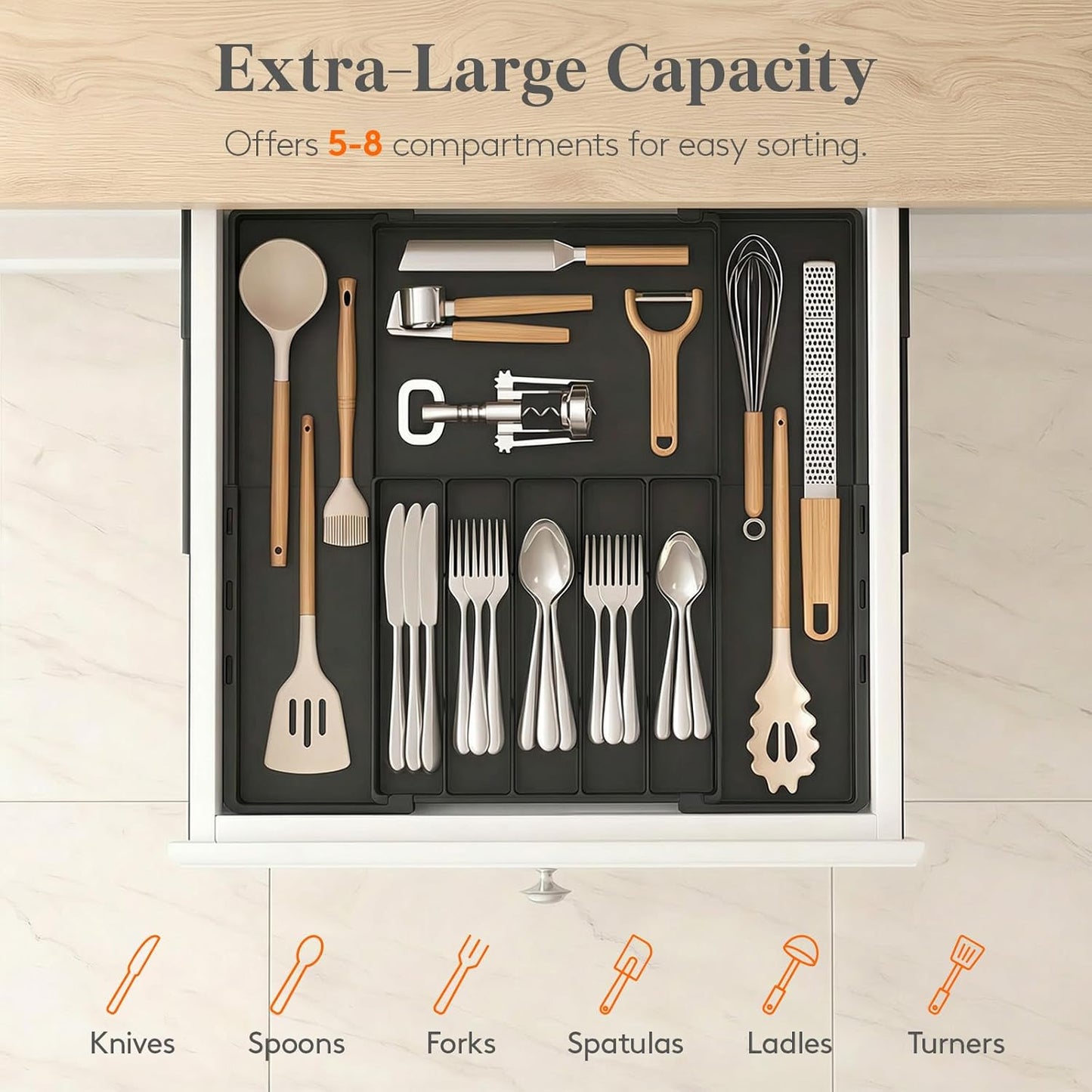 Lifewit Silverware Drawer Organizer, Expandable Utensil Tray for Kitchen, BPA Free Flatware and Cutlery Holder, Adjustable Plastic Storage for Spoons Forks Knives, 4-7 Slots, White