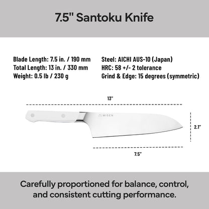 Misen 7.5" Santoku Knife - High Carbon Stainless Steel - Classic Japanese Chef Knife Design for Cutting, Slicing, and Chopping - Razor Sharp Japanese Style Kitchen Knife - White