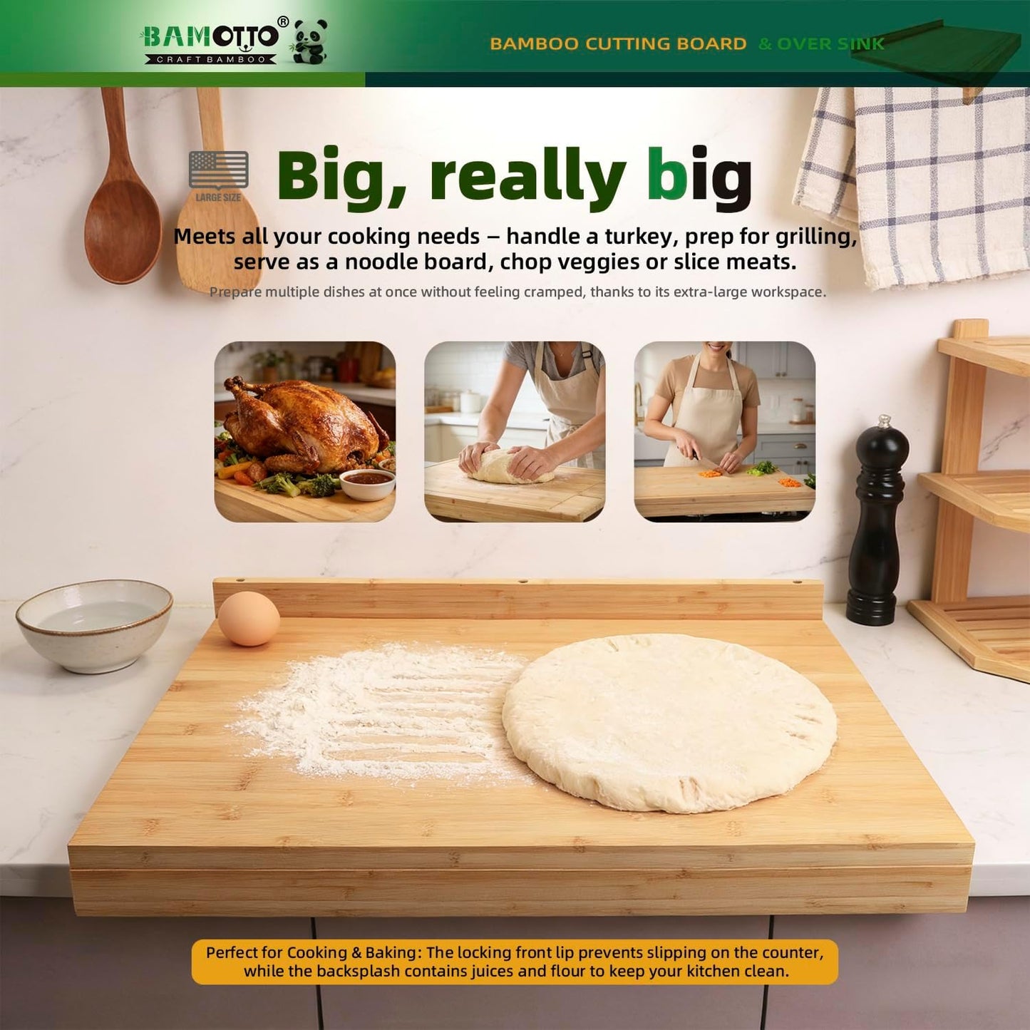 BAMOTTO CRAFTBAMBOO XXL Extra Large 100% Organic Bamboo Cutting Board 24"x18" - Butcher Block Chopping/Carving Board with Handle & Juice Groove for Turkey, Meat, Vegetables, BBQ